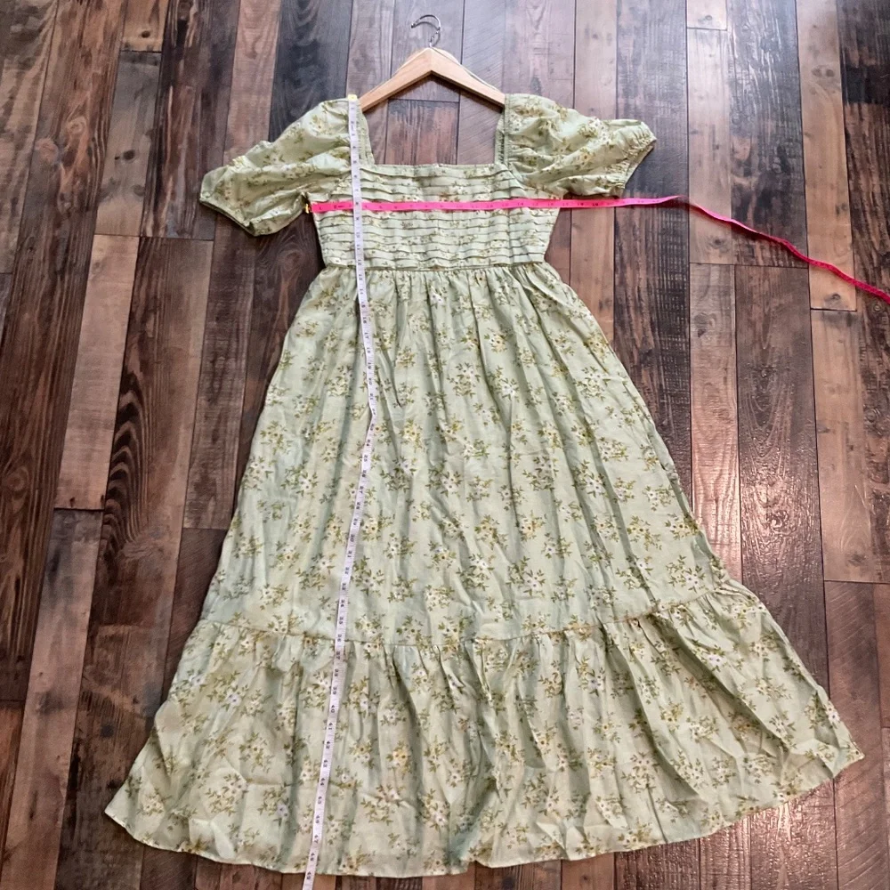 Pleated Tiered Midi Floral Dress Puff Sleeves Medium Mint - Picture 6 of 7